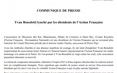 Communiqué de presse – Yvan Benedetti lynché par les dissidents de l&rsquo;Action Française