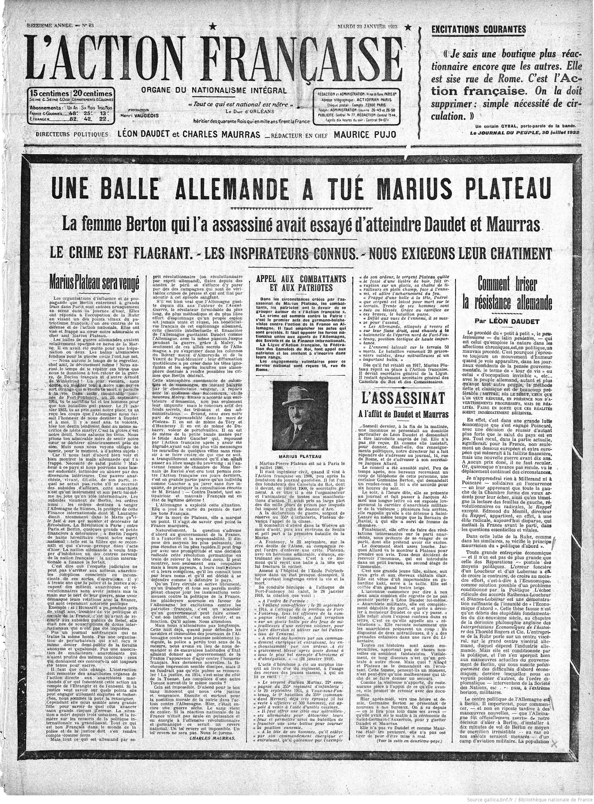 Centenaire de la mort de Marius Plateau L'Action Française